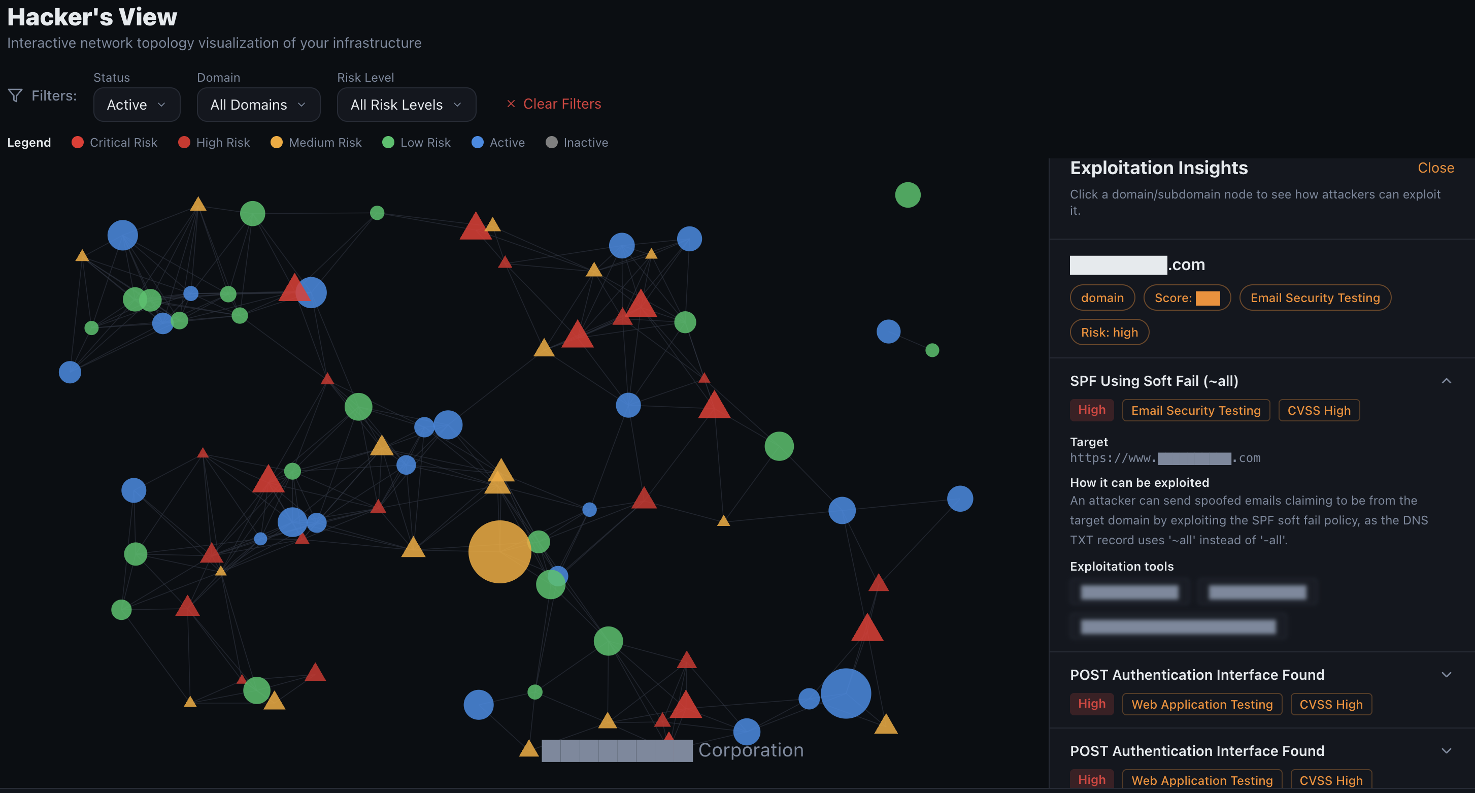 Interactive Hacker View graph showing attack surface hierarchy from Customer to Domains, Subdomains, and IPs